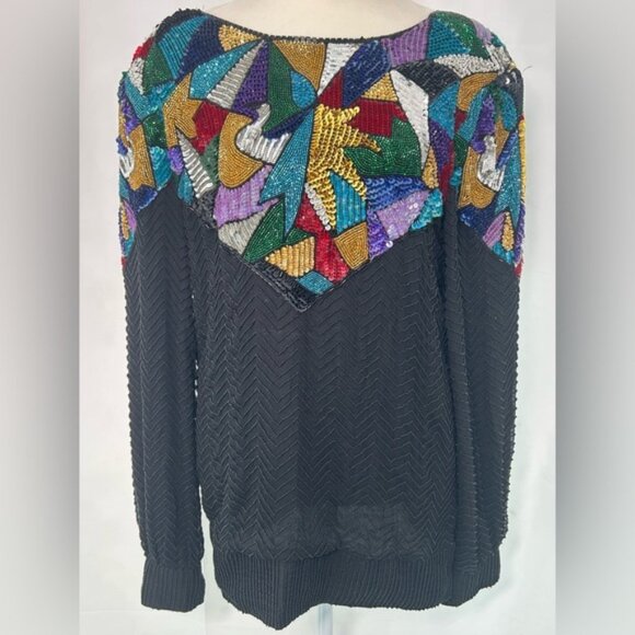 VTG 80s OLEG CASSINI Beaded silk Long-Sleeve Shirt - Picture 1 of 5